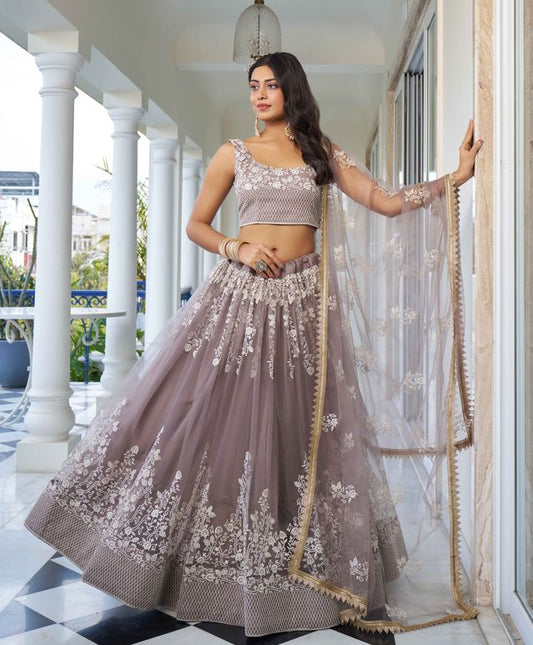 LIGHT DUSTY BROWN  COLOR NET FABRIC LAHENGA