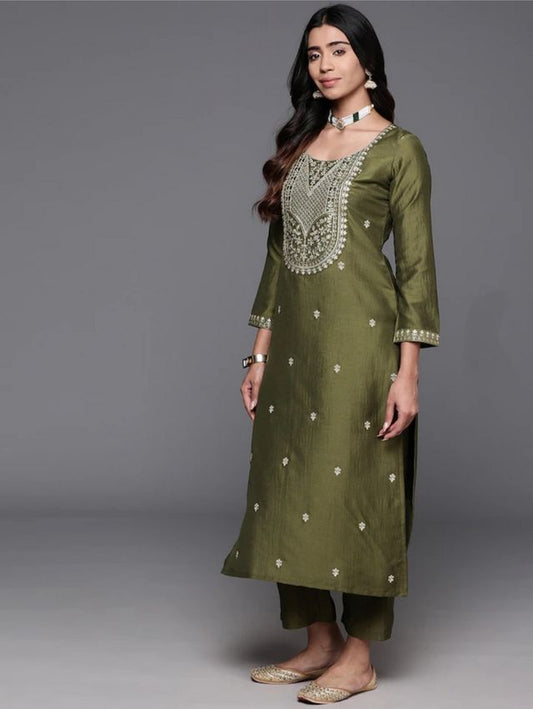 Green Viscose Chanderi Designer Embroidery Work   Ethnic