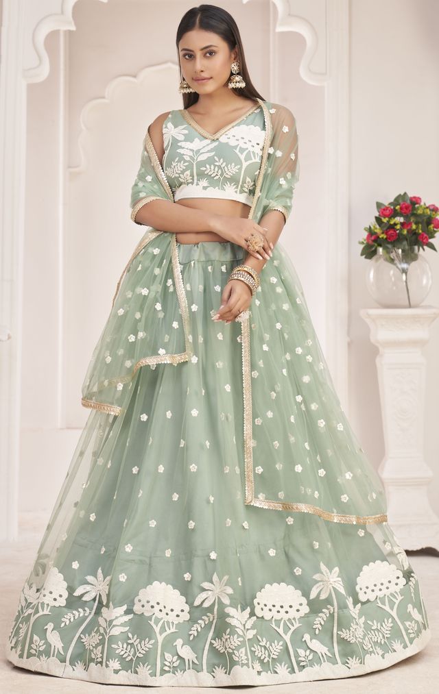 Green embroidered net semi stitched lehenga