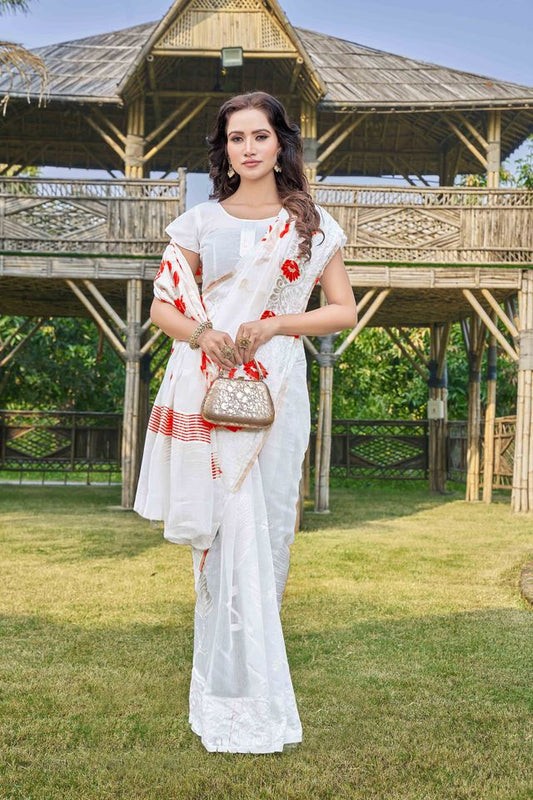 White Color Silk Cotton Wevon Thread Designer Ethnic Casual Looks Saree