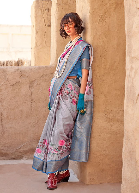 Grey weaving print ethnic sarees