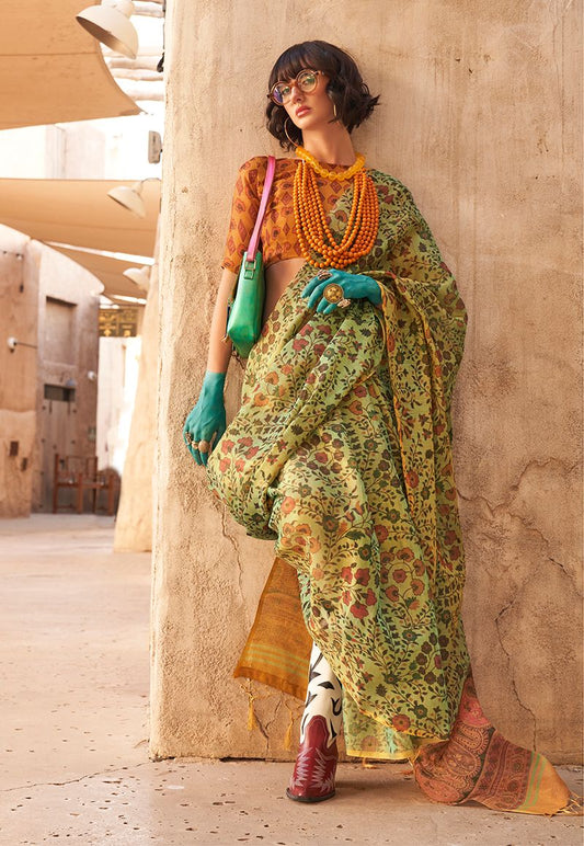 Light green floral print saree