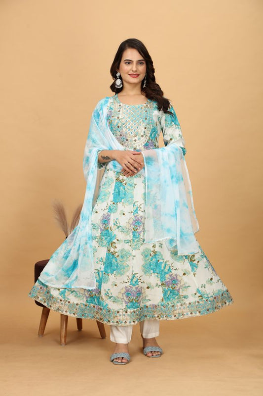 Sky Chinon Beautiful Printed Readymade Suit With Light Embroidery Work