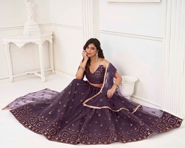 DUSTY WINE COLOR NET FABRIC LEHENGA CHOLI