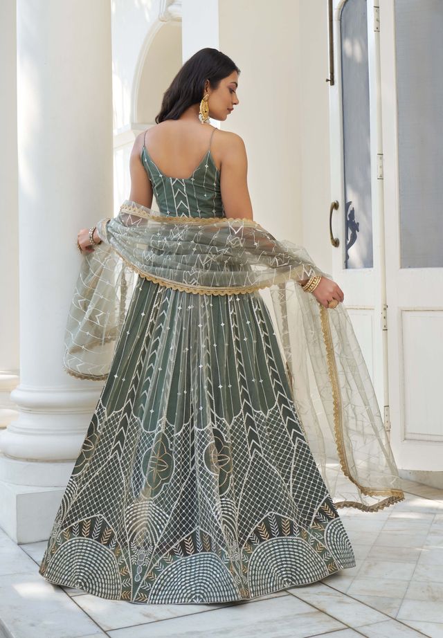 GREEN COLOR NET FABRIC LEHENGA CHOLI