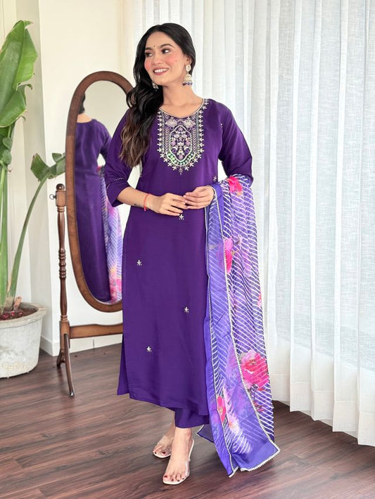 Violet Viscose Chanderi Designer Embroidery Work With Printed Ethnic