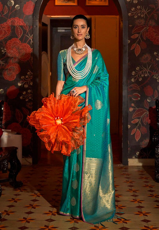 Turquoise woven ethnic sarees