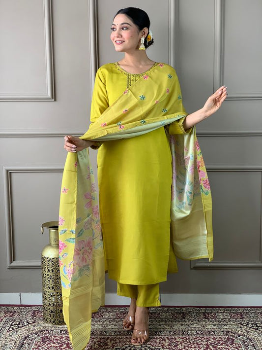 Green Viscose Chanderi Designer Embroidery Work With Printed Ethnic