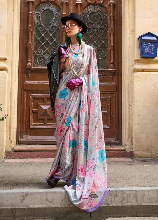 Off white floral print saree