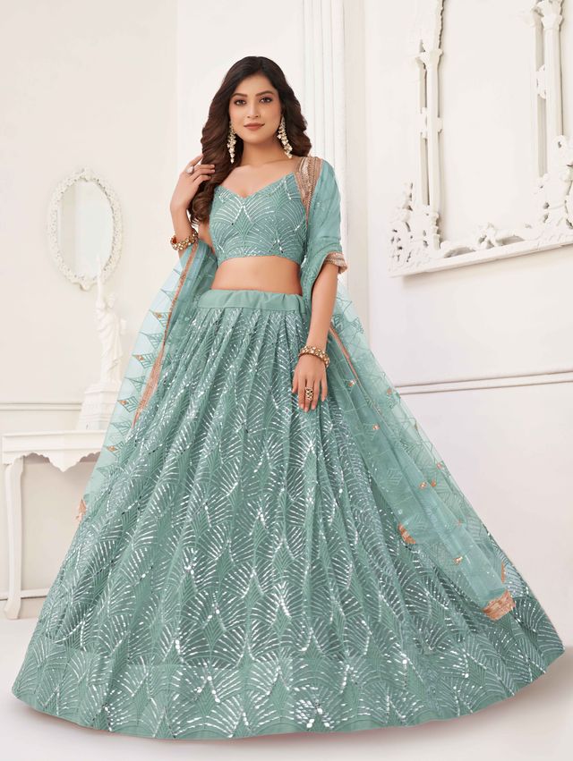 OCEAN BLUE COLOR NET FABRIC LEHENGA CHOLI