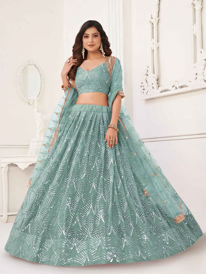 OCEAN BLUE COLOR NET FABRIC LEHENGA CHOLI