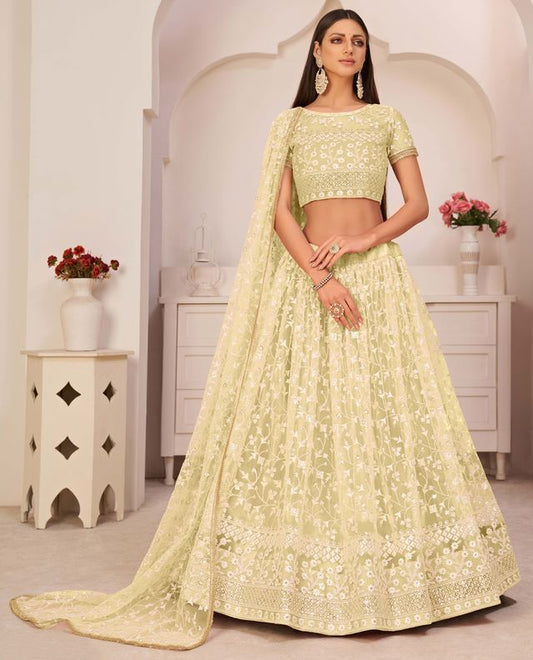 Light-lemon embroidered net semi stitched lehenga