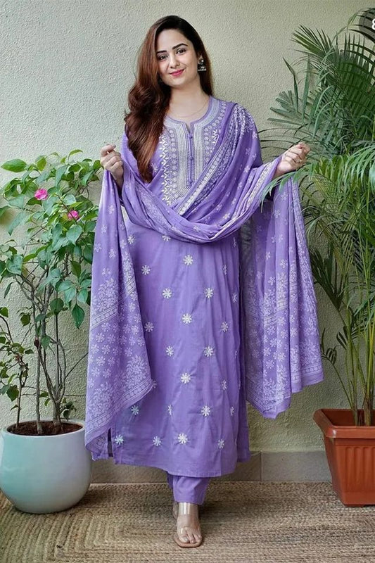 Lavender Cotton Designer Embroidery Work With Printed Traditional Wear Readymade Salwar