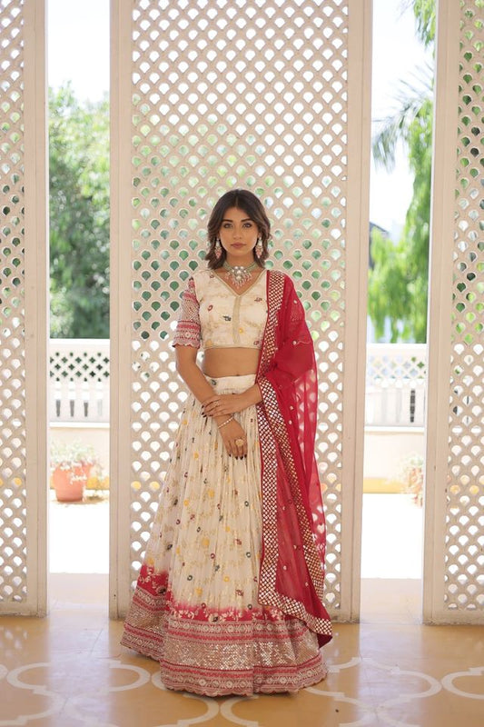 Cream Pure Viscose Jacquard with 2D Dyeing and Embroidered Sequins work Lehenga Choli