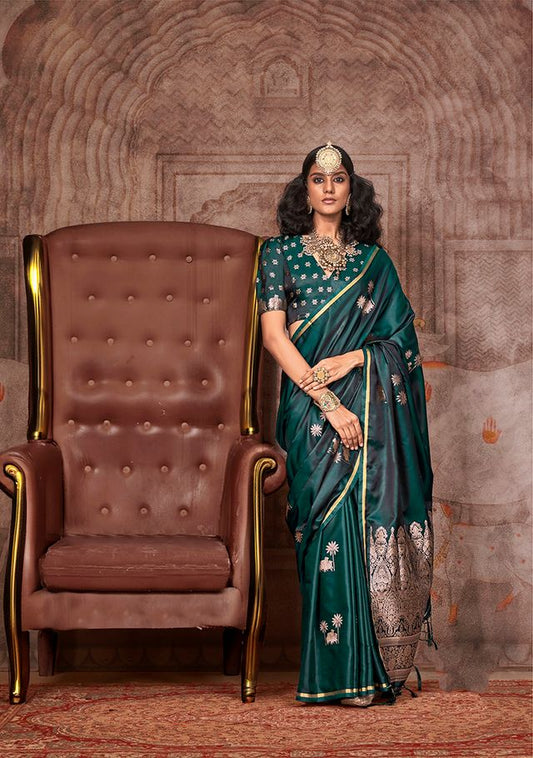 Dark Green zari Woven Ethnic Sarees