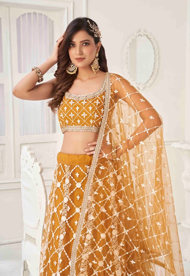 BROWN COLOR NET FABRIC LAHENGA