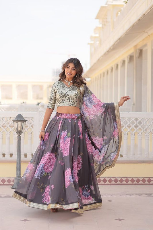 Grey Russian Silk Digital Printed with Embroidered Sequins work Lehenga Choli