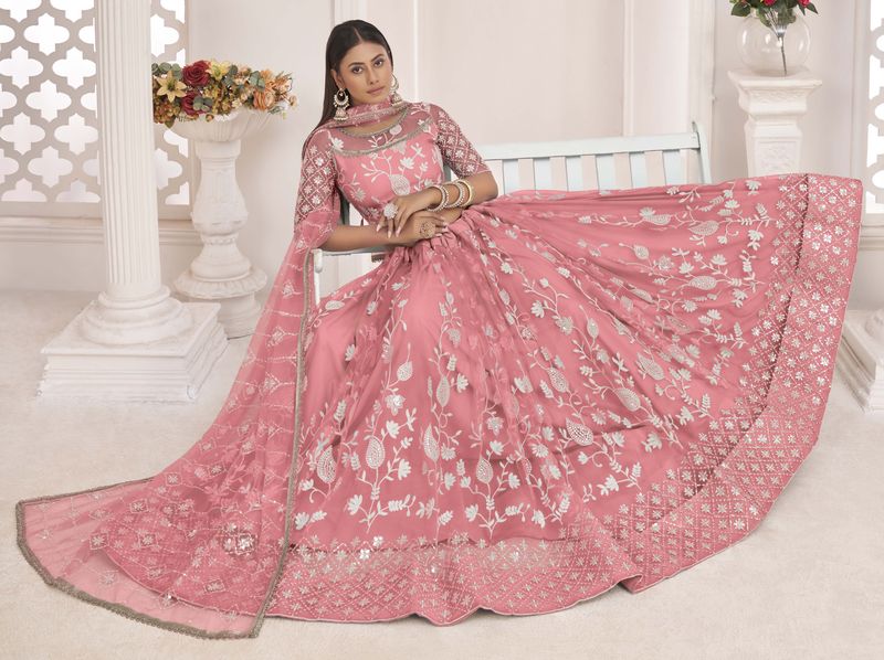 Pink embroidered net semi stitched lehenga