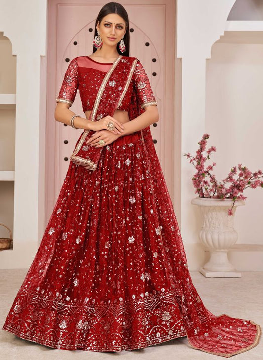 Red embroidered net semi stitched lehenga