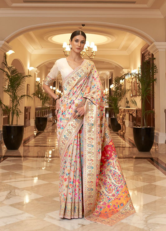 Cream woven ethnic sarees