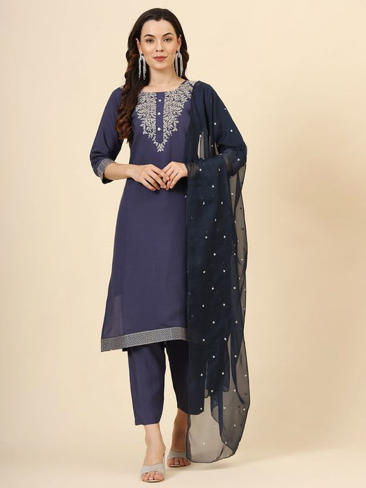 Navy Blue Muslin Silk Blend Designer Embroidery Work Ethnic Partywear