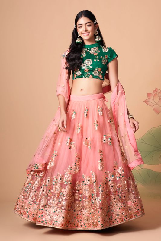 Peach and Green Women's Soft Net Embroidery Lehenga Choli