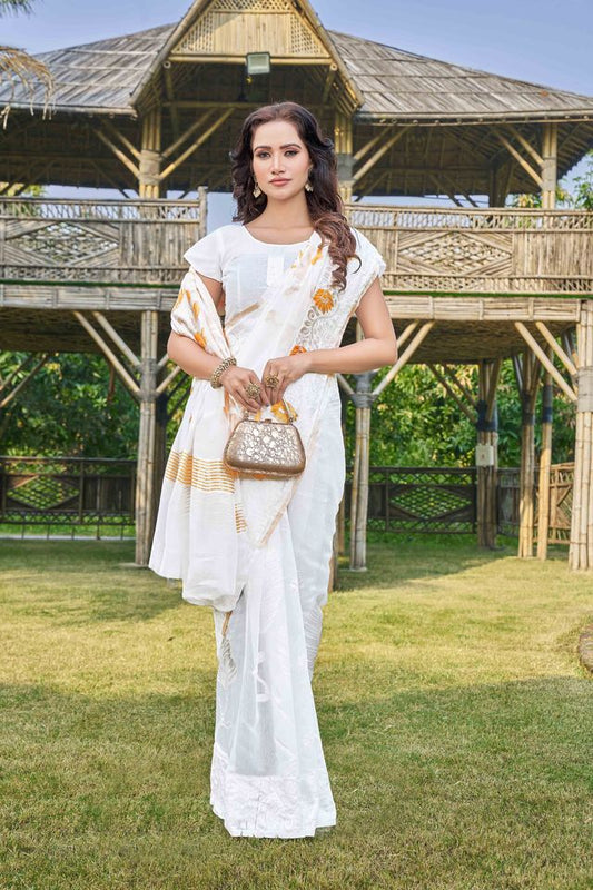 White Color Silk Cotton Wevon Thread Designer Ethnic Casual Looks Saree