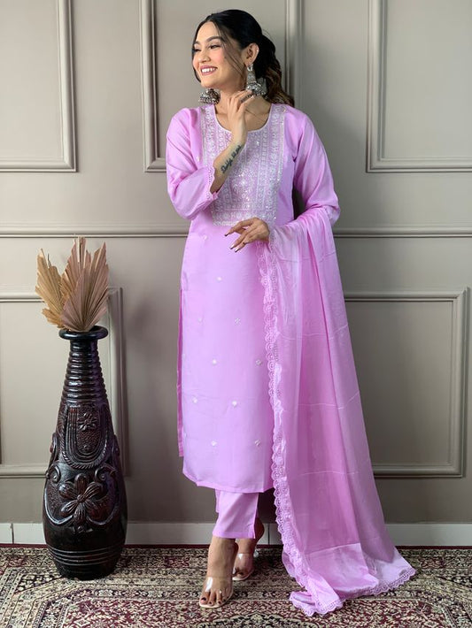 Pink Viscose Chanderi Designer Embroidery Work