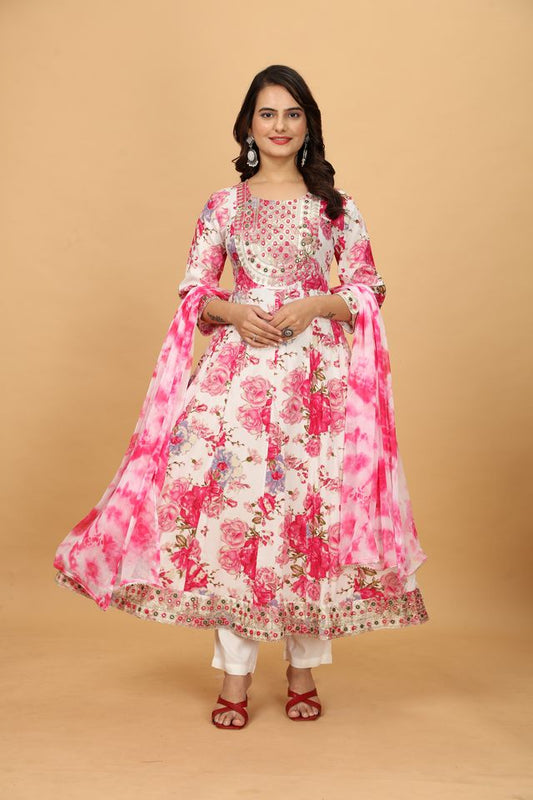 Pink Chinon Beautiful Printed Readymade Suit With Light Embroidery Work