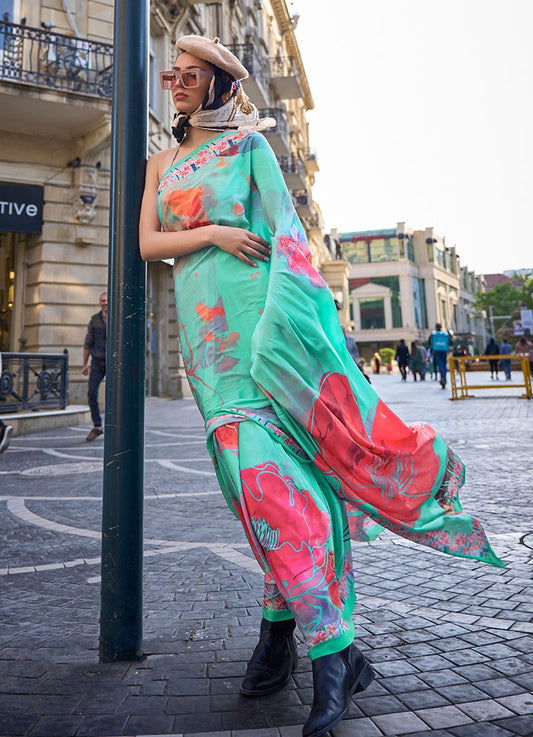 Sea green floral print saree