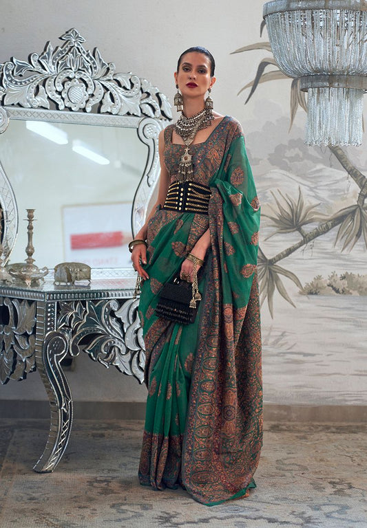  Dark green woven saree