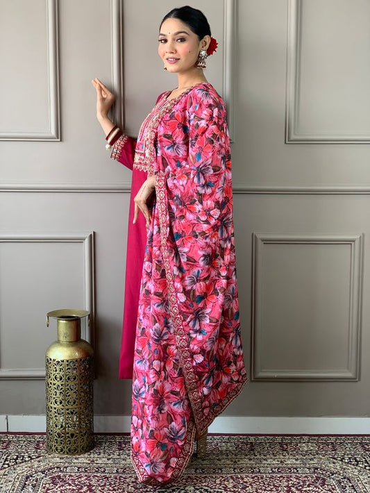 Pink Viscose Chanderi Designer Embroidery Work Success