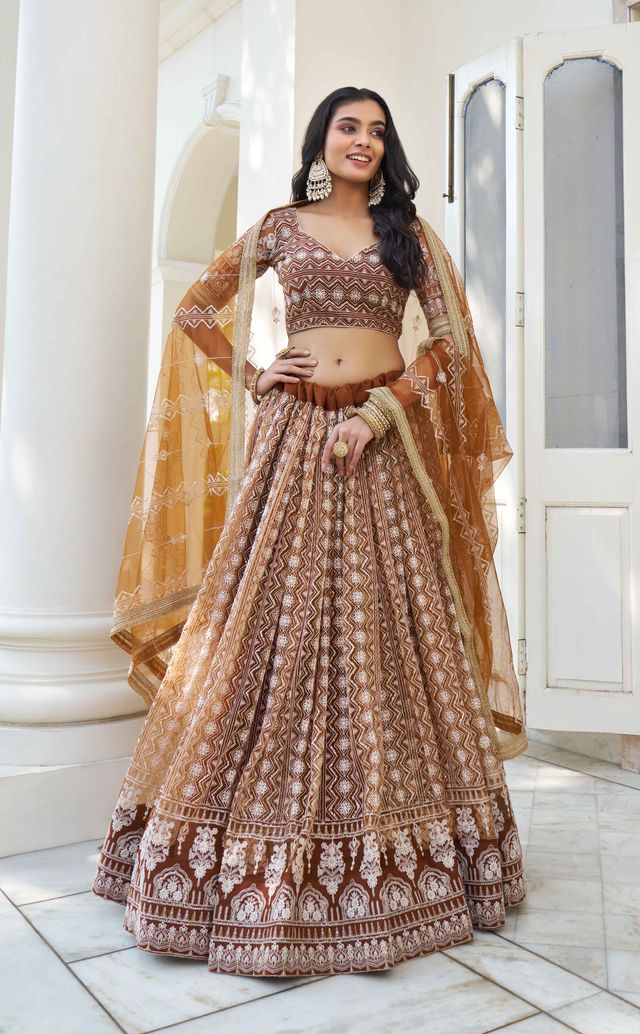 BROWN COLOR NET FABRIC LEHENGA CHOLI