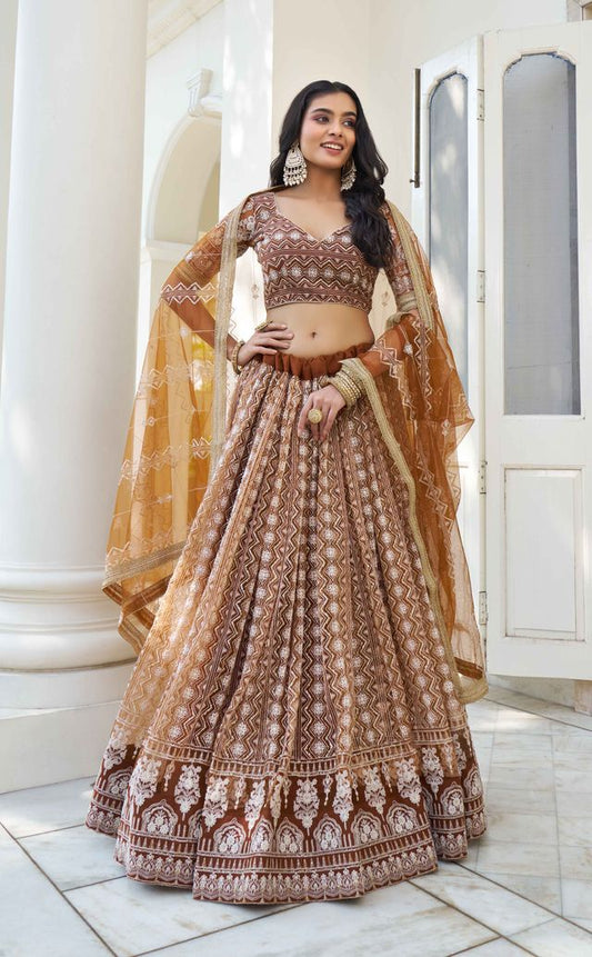 BROWN COLOR NET FABRIC LEHENGA CHOLI