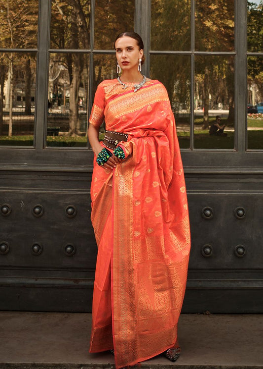 Peach Woven Ethnic Sarees