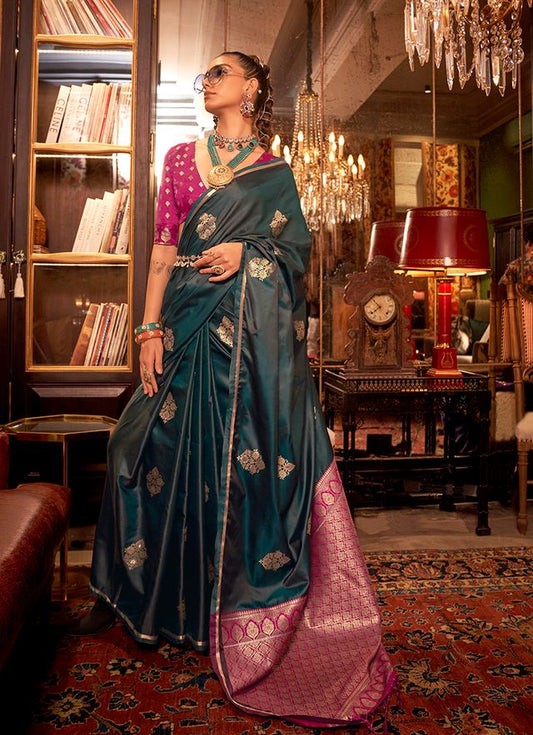 Dark Green Woven Ethnic Sarees