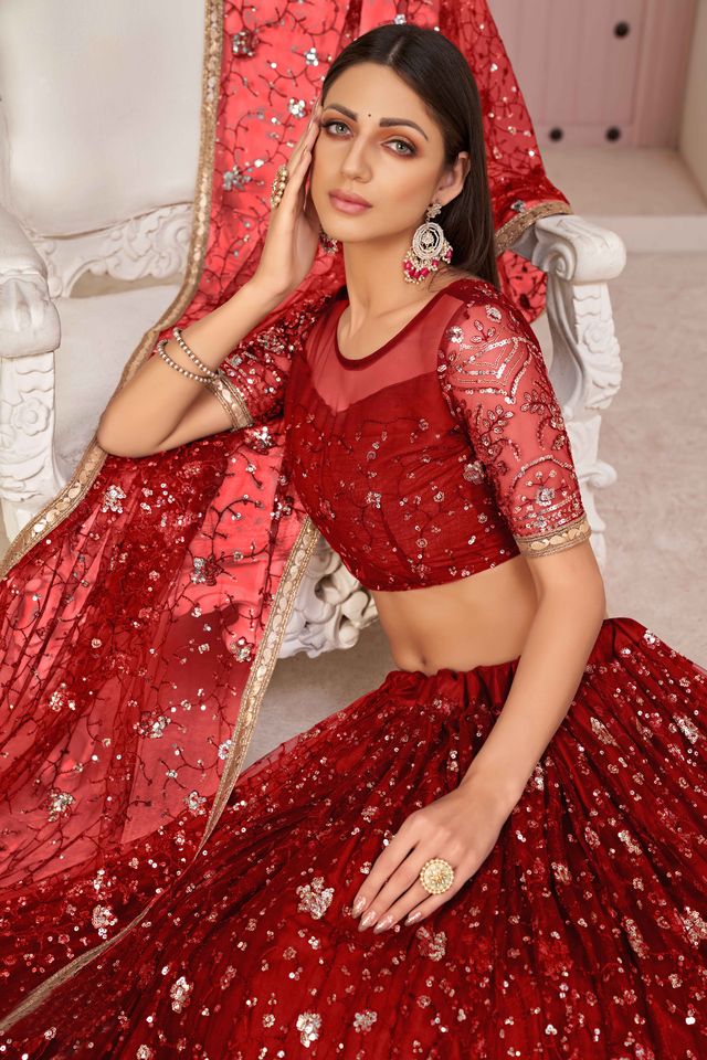 Red embroidered net semi stitched lehenga