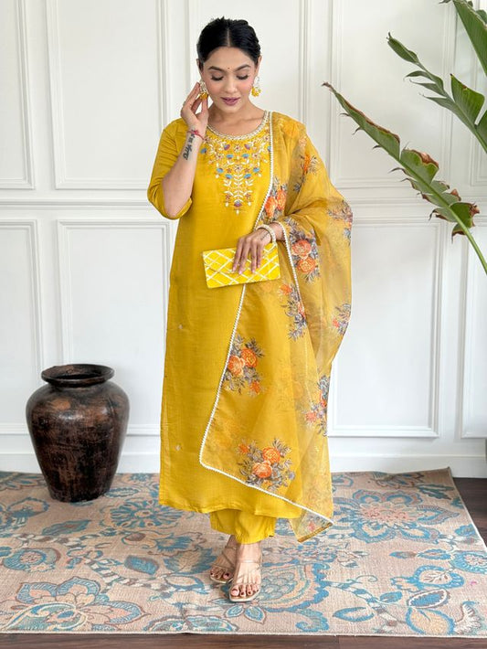 Yellow Viscose Chanderi Designer Embroidery Work With Printed