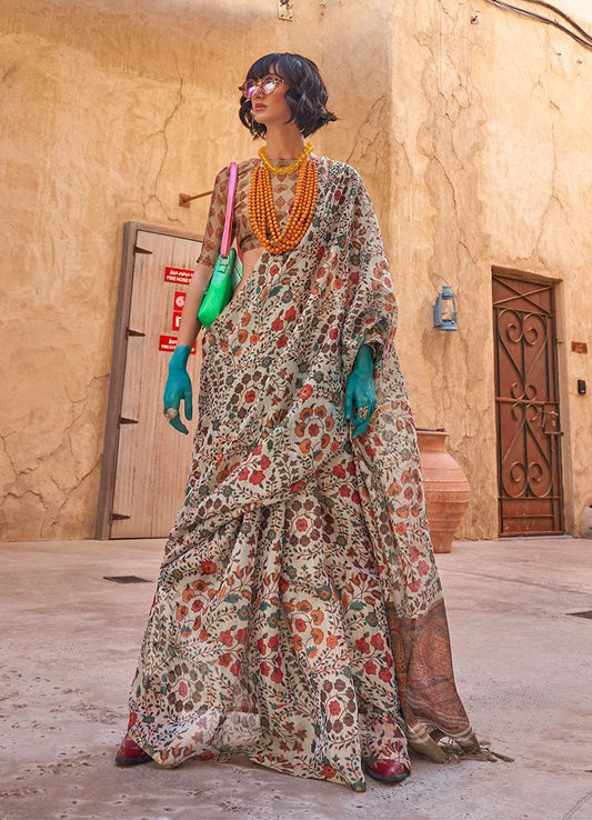 Light grey floral print saree