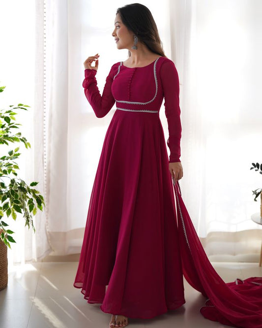 Pink Georgette Anarkali Gown Dupatta Set With Pant Ready to Wear