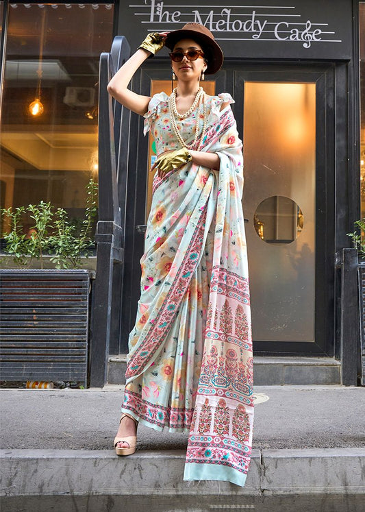 Off white floral print saree