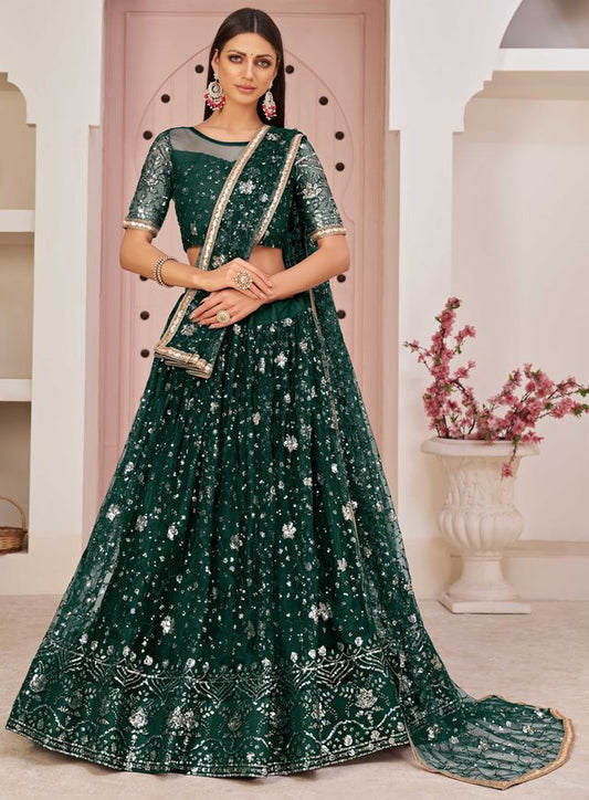 Dark green embroidered net semi stitched lehenga