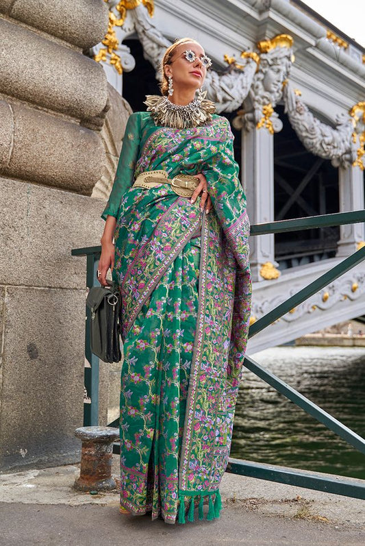  Teal hand woven contemporary saree