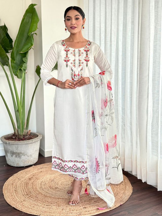 White Viscose Chanderi Designer Embroidery Work With Printed Festive wear Salwar Suit