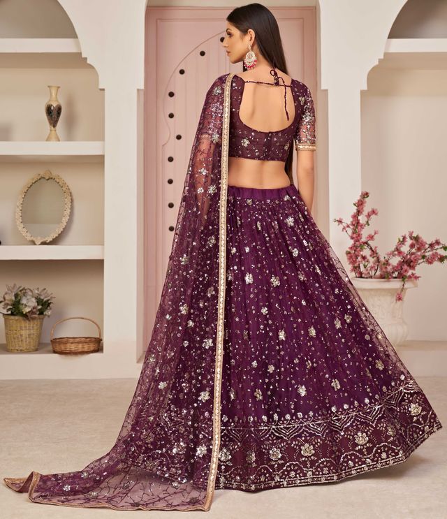 Violet embroidered net semi stitched lehenga