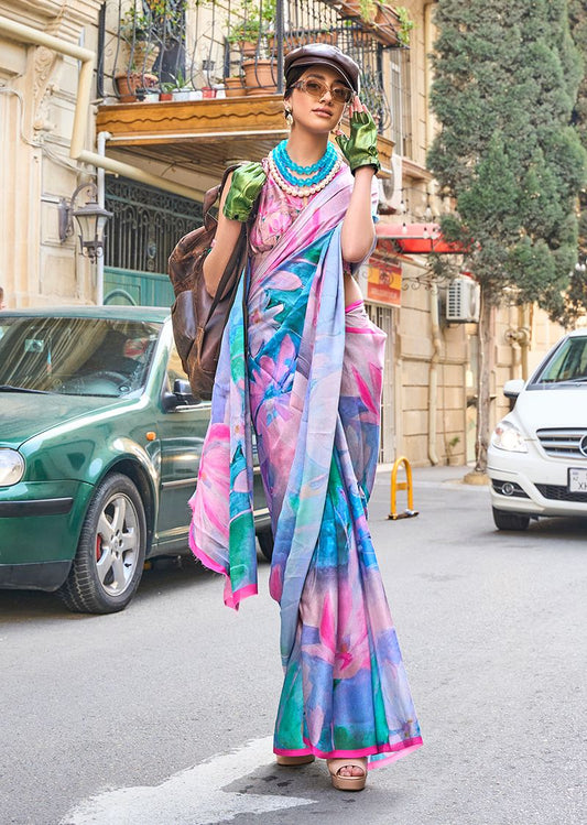 Sky blue floral print saree