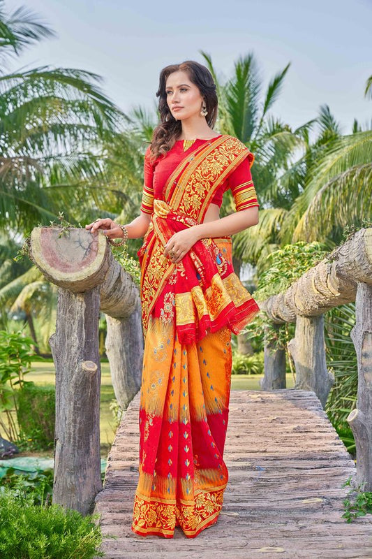 Red Color Silk Cotton Wevon Thread Designer Ethnic Casual Looks Saree