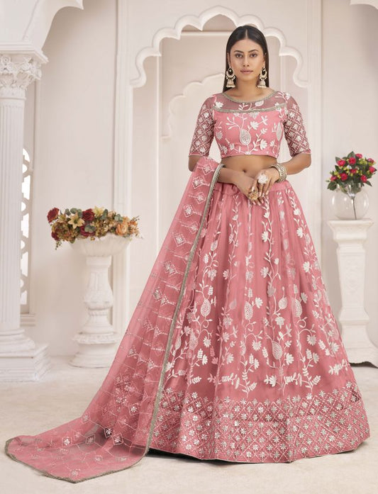 Pink embroidered net semi stitched lehenga