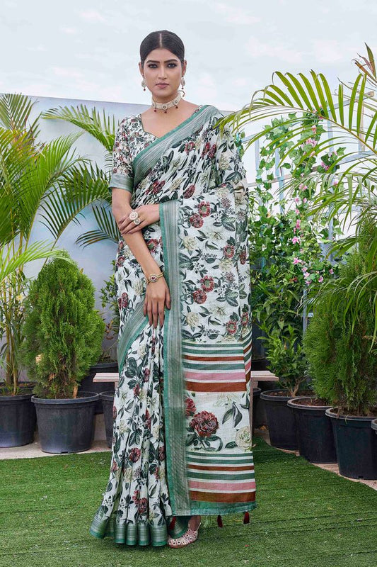 Off White Color Linen Blend Digital Printed Designer For Graceful Festive Looks