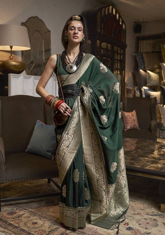 Dark green woven saree